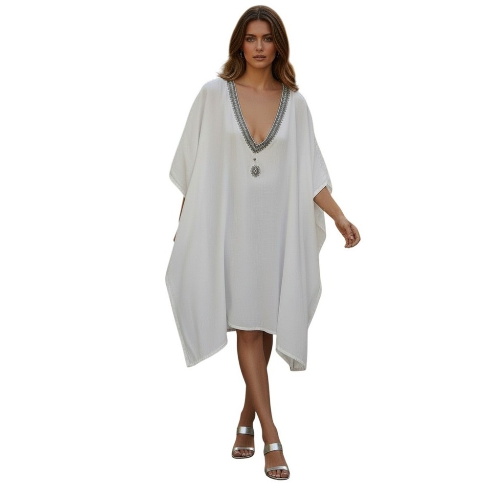 Rhea White 100% Cotton Bead Embroidered‎ Kaftan Tunic OS Oversized V-Neck Resort